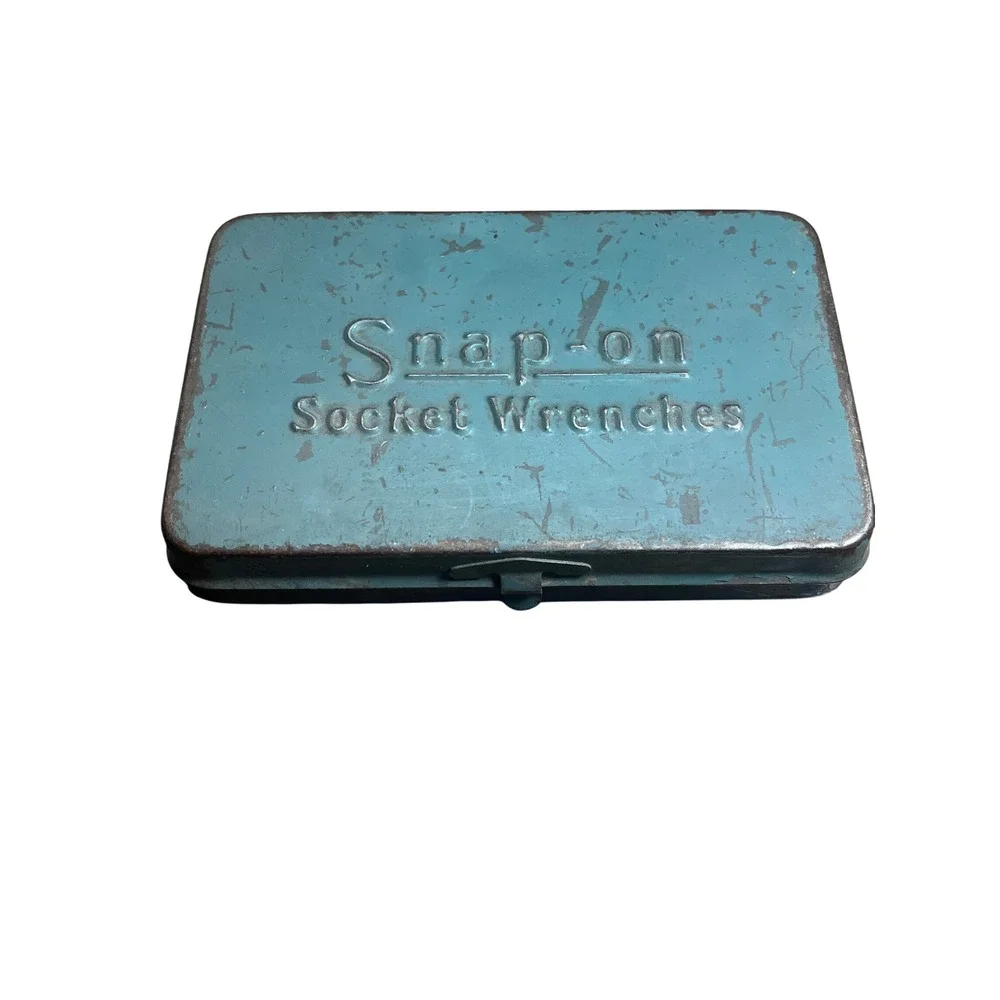 Vintage Snap-on Socket Wrenches Metal Tool Box Case Teal Blue Embossed Logo